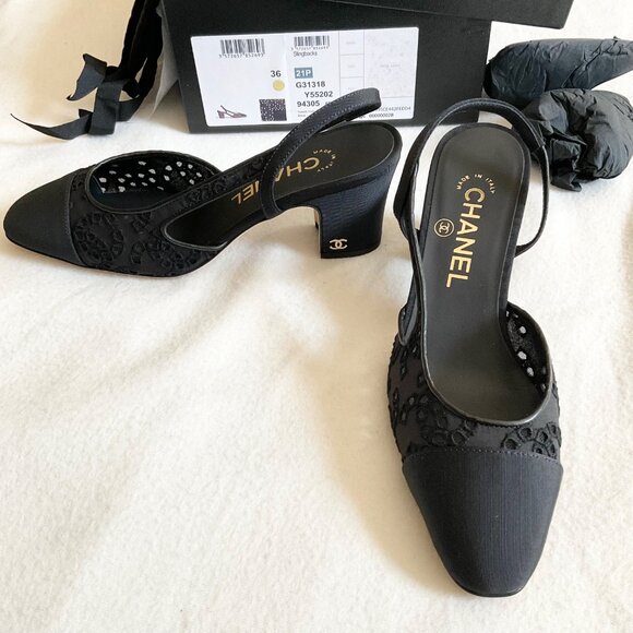 CHANEL Shoes - NWB CHANEL Interlocking LACE black Slingback Pumps heels SZ36 US5.5